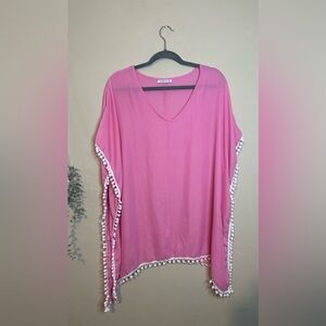 Pink  medium V-Neck cover up with White Pom-Pom Trim